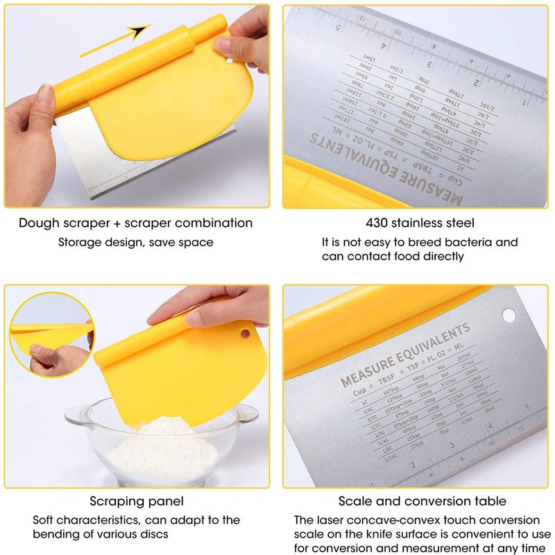 Suanyok Bench Scraper-Stainless Steel Dough Scraper and Flexible Plastic Bowl Scraper 4-Piece Set-Bread/Pastry/Pizza Cutter  Multifunctional 2-in-1 Baking Tools With Measurement Marks - Image 5